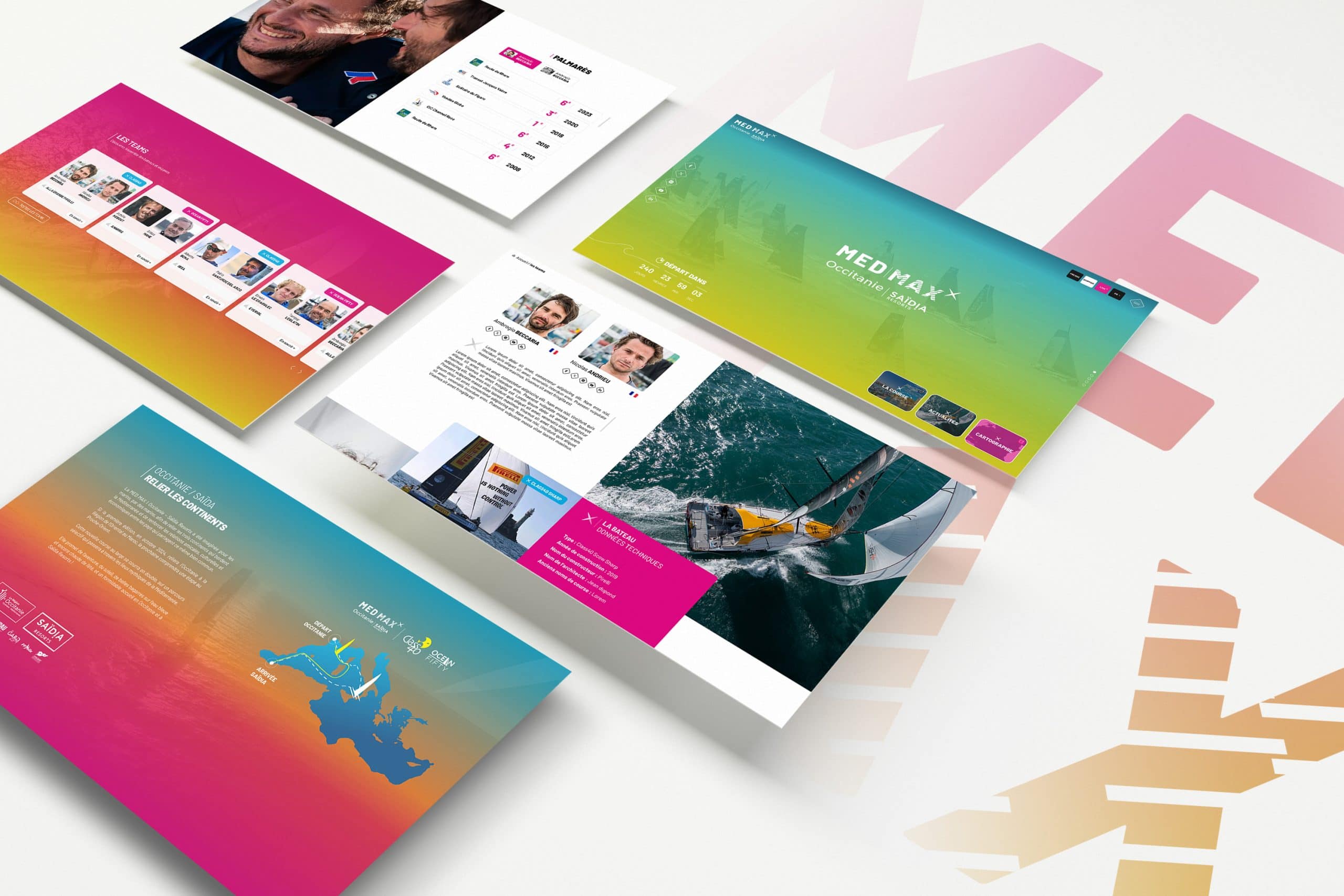 Navigation de site web de méditation et bien-être, design moderne et coloré, mettant en valeur des services de méditation spécialisée, avec profils d'instructeurs et information sur les séances.