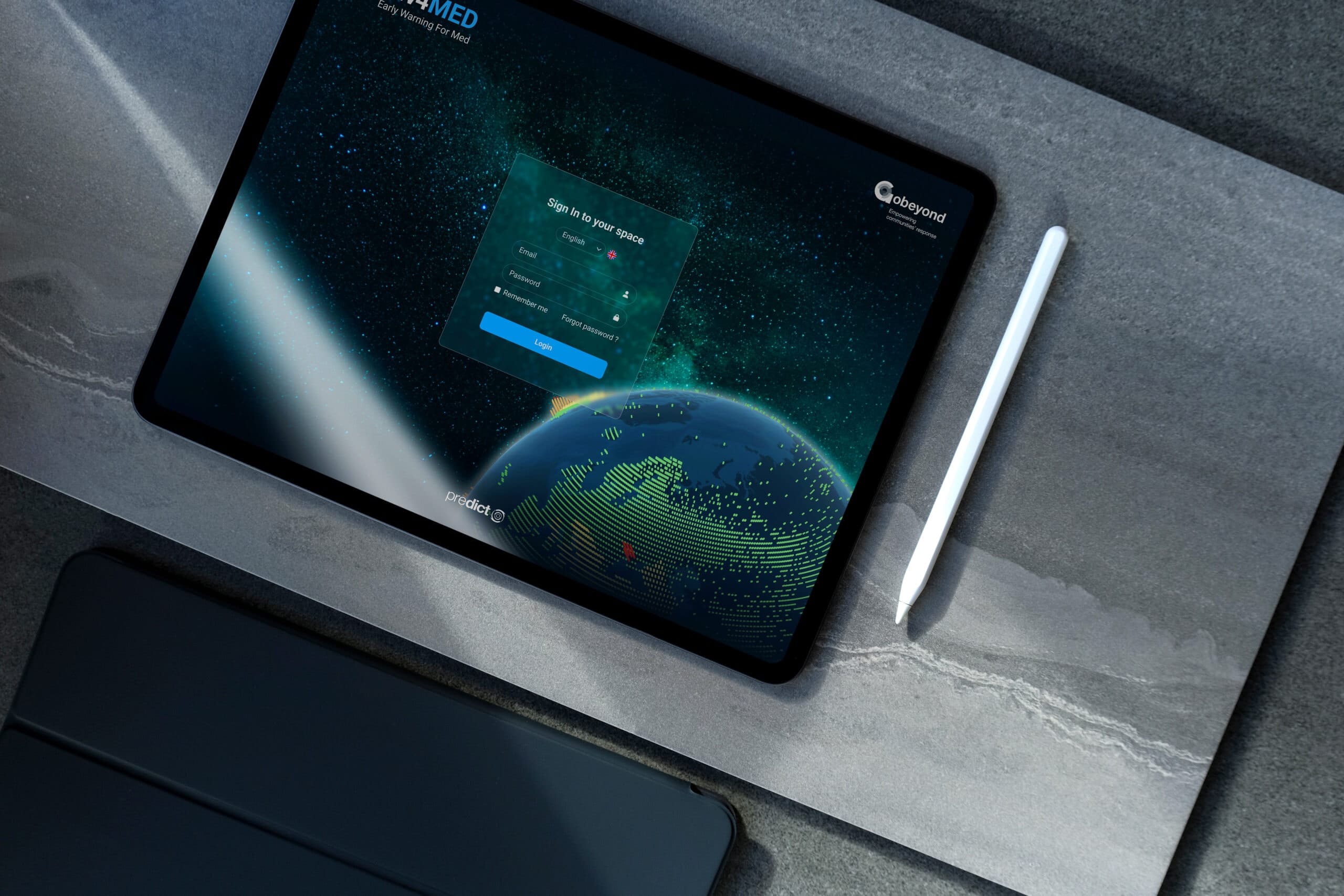 Serveur Poisson Soluble affichant une interface de connexion pour la surveillance des océans et des phénomènes marins, avec un design numérique moderne et un fond d'espace étoilé.