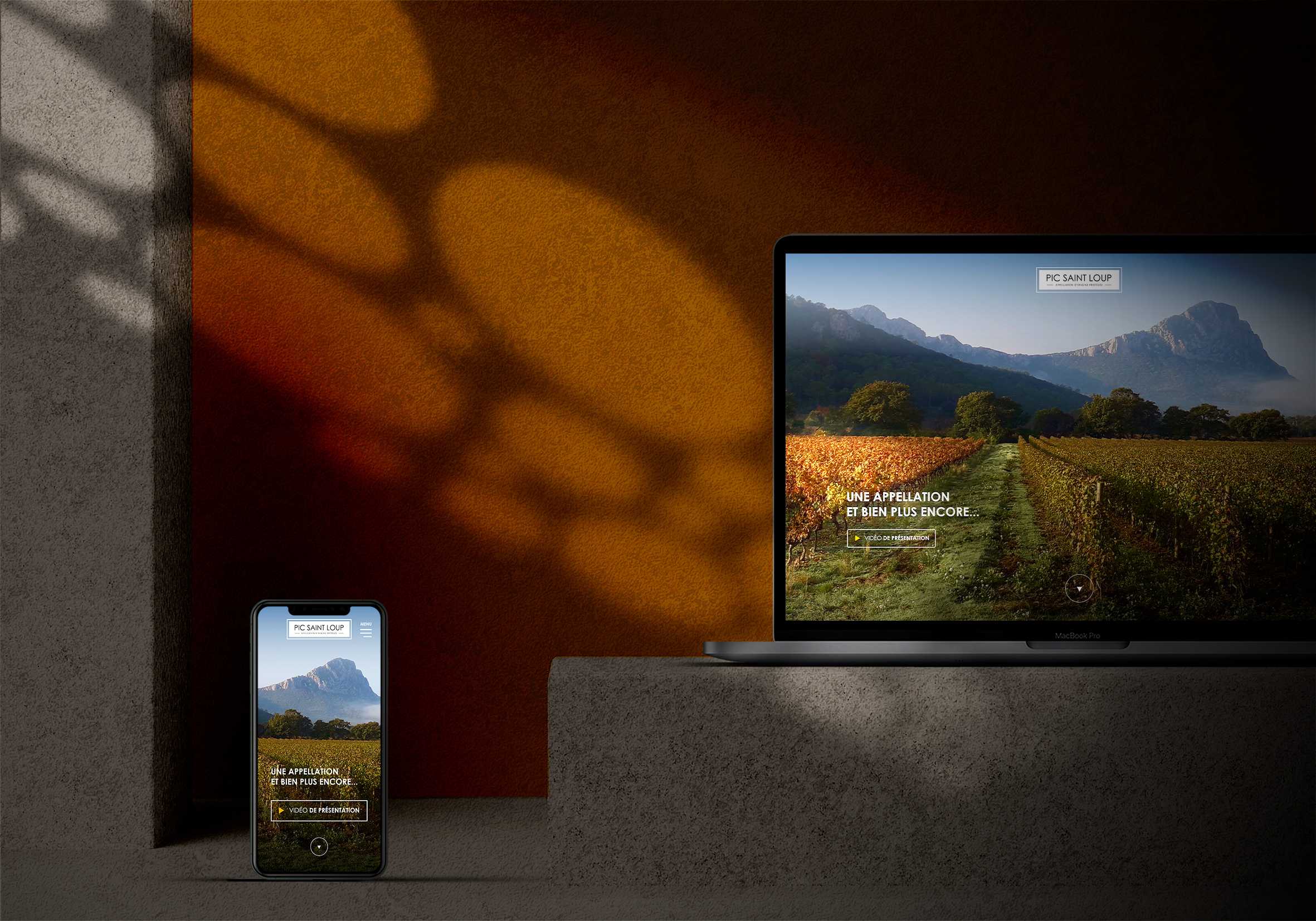 Vignoble en montagne avec écran de téléphone et ordinateur portable montrant le site Poisson Soluble.